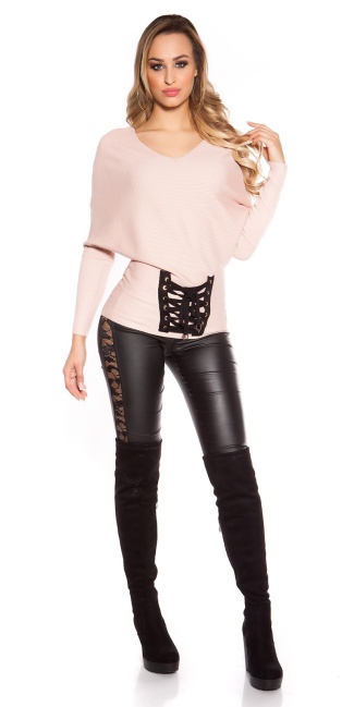 Trendy bat sweater with lacing Antiquepink